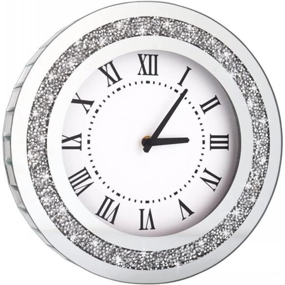 Silver Round Mirror Clock 12inch Crystal Sparkle Twinkle Bling Crush Diamond